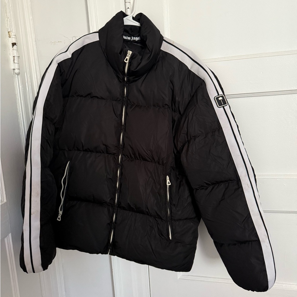 Palm Angels Black Puffer Jacket with White Zipper